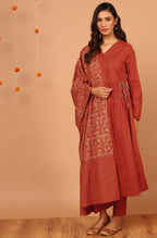 Janasya Women's Orange Cotton Striped Kurta With Pant And Dupatta | Grocsy