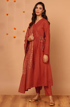 Janasya Women's Orange Cotton Striped Kurta With Pant And Dupatta | Grocsy