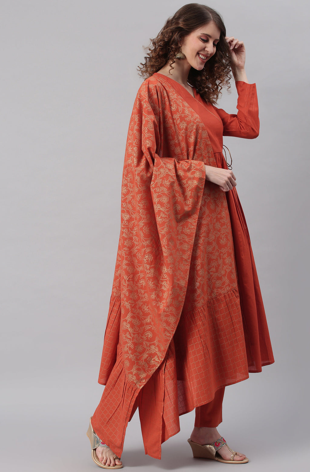 Janasya Women's Orange Cotton Striped Kurta With Pant And Dupatta | Grocsy