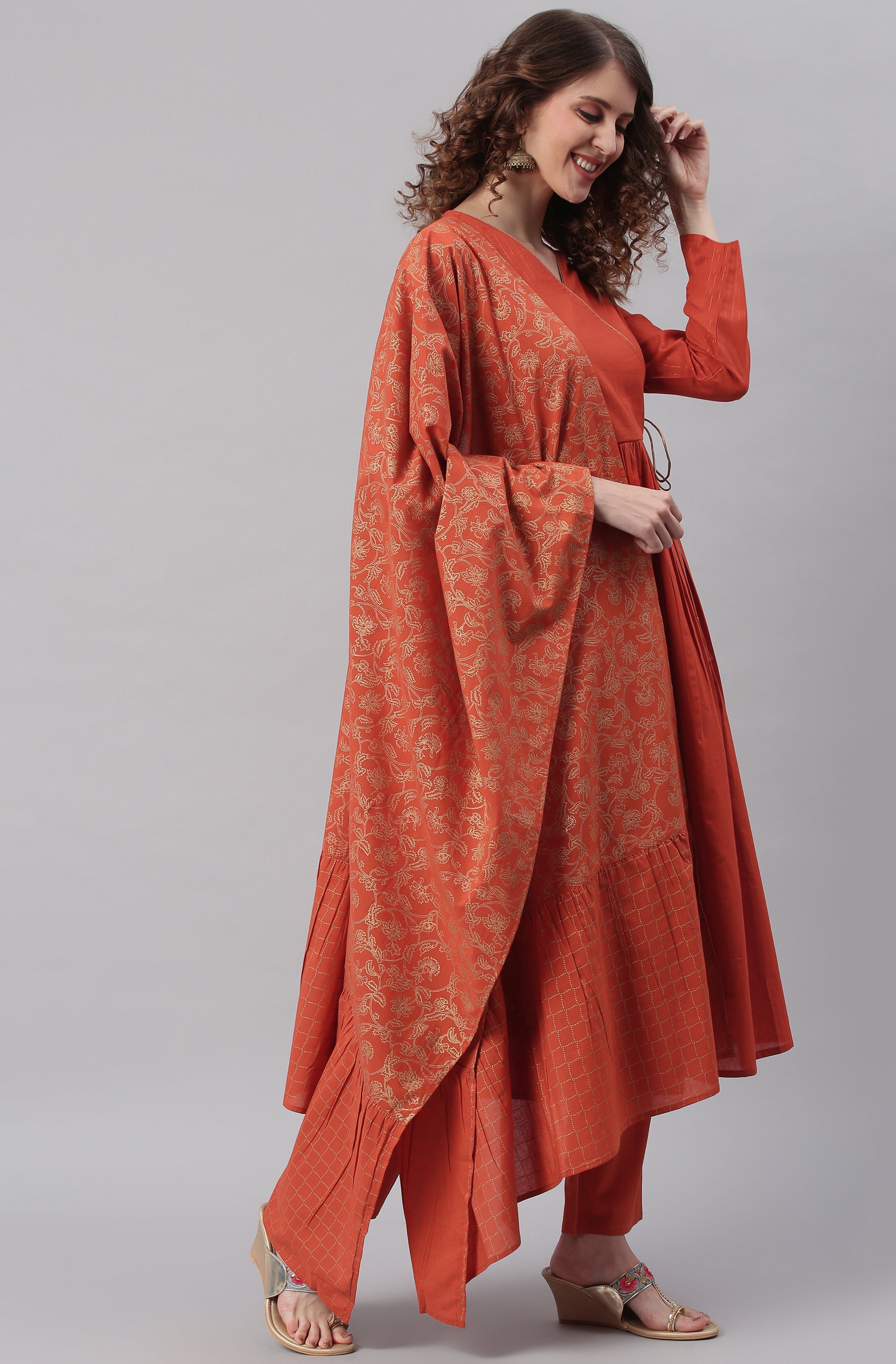 Janasya Women's Orange Cotton Striped Kurta With Pant And Dupatta | Grocsy