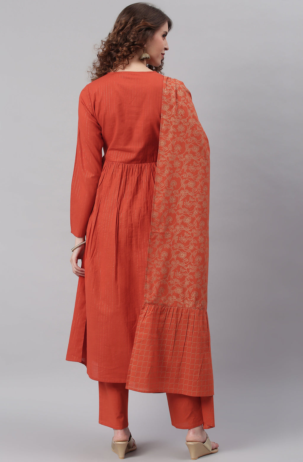 Janasya Women's Orange Cotton Striped Kurta With Pant And Dupatta | Grocsy