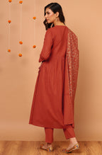 Janasya Women's Orange Cotton Striped Kurta With Pant And Dupatta | Grocsy