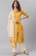 Janasya Women's Yellow Cotton Striped Kurta With Palazzo And Dupatta | Grocsy