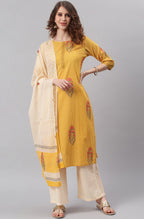 Janasya Women's Yellow Cotton Striped Kurta With Palazzo And Dupatta | Grocsy