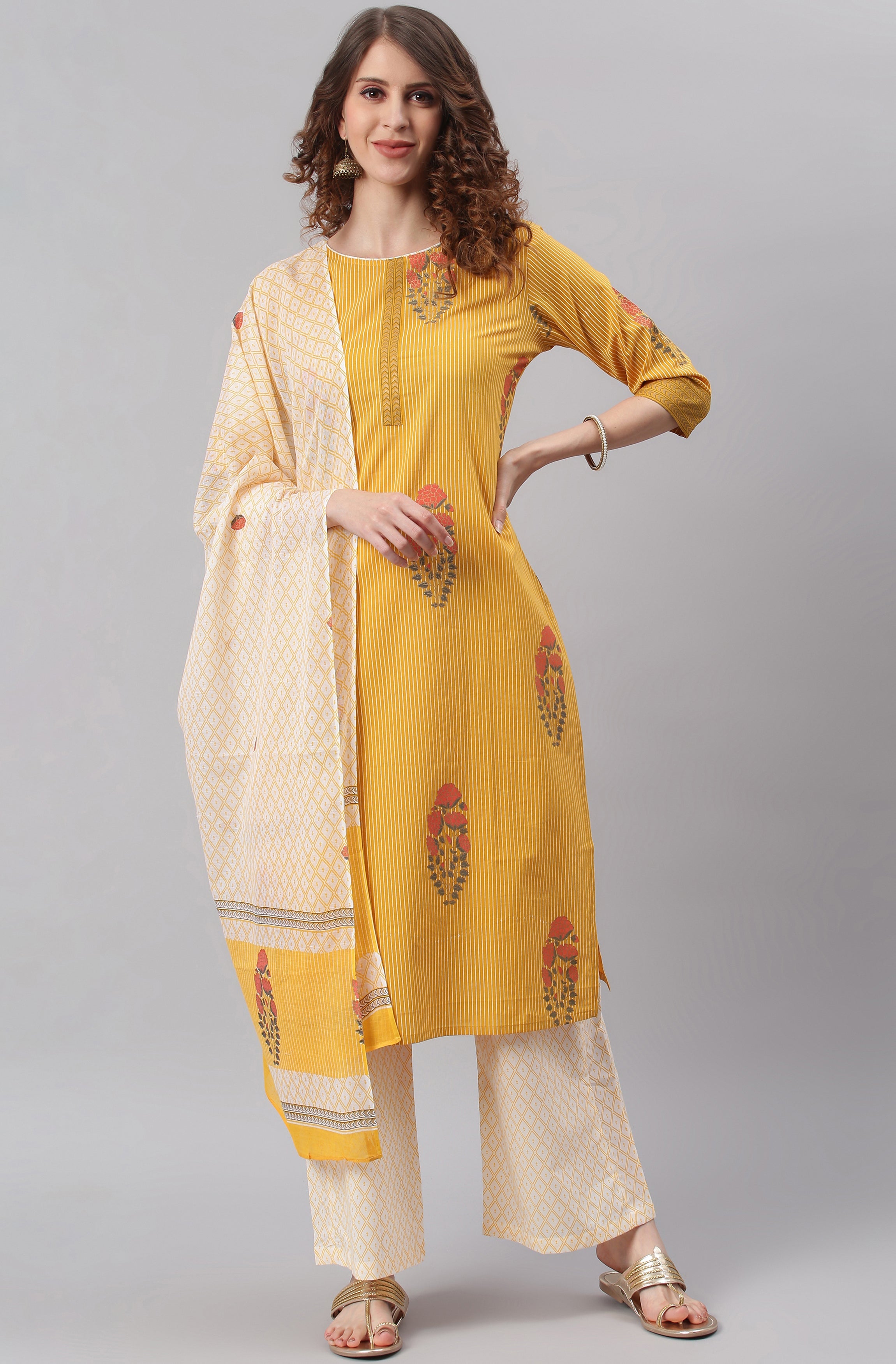 Janasya Women's Yellow Cotton Striped Kurta With Palazzo And Dupatta | Grocsy