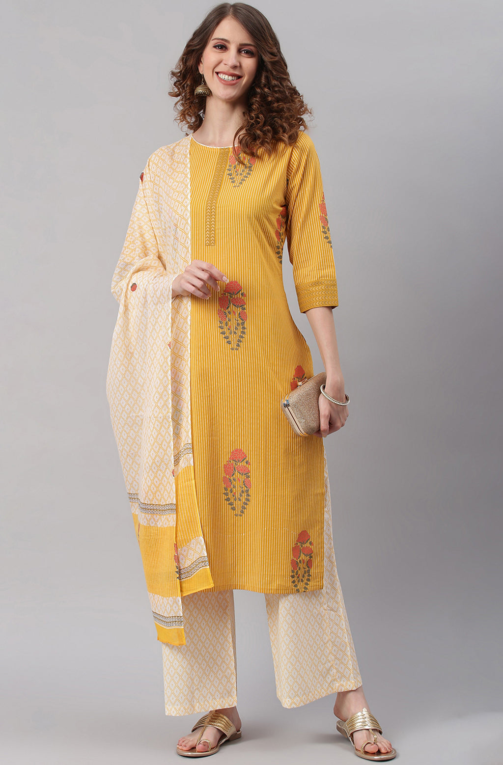 Janasya Women's Yellow Cotton Striped Kurta With Palazzo And Dupatta | Grocsy