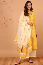Janasya Women's Yellow Cotton Striped Kurta With Palazzo And Dupatta | Grocsy