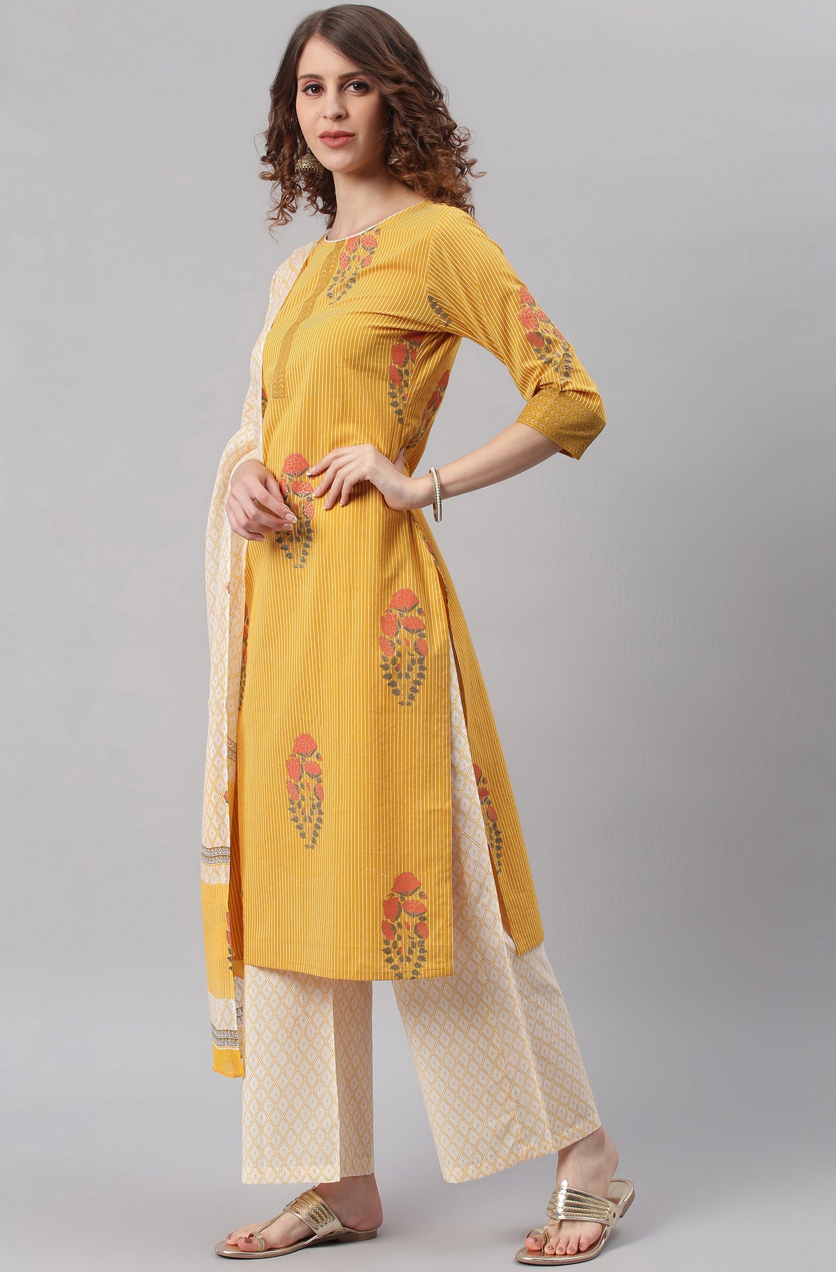 Janasya Women's Yellow Cotton Striped Kurta With Palazzo And Dupatta | Grocsy