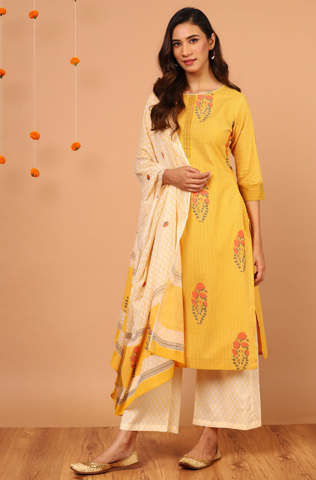 Janasya Women's Yellow Cotton Striped Kurta With Palazzo And Dupatta | Grocsy