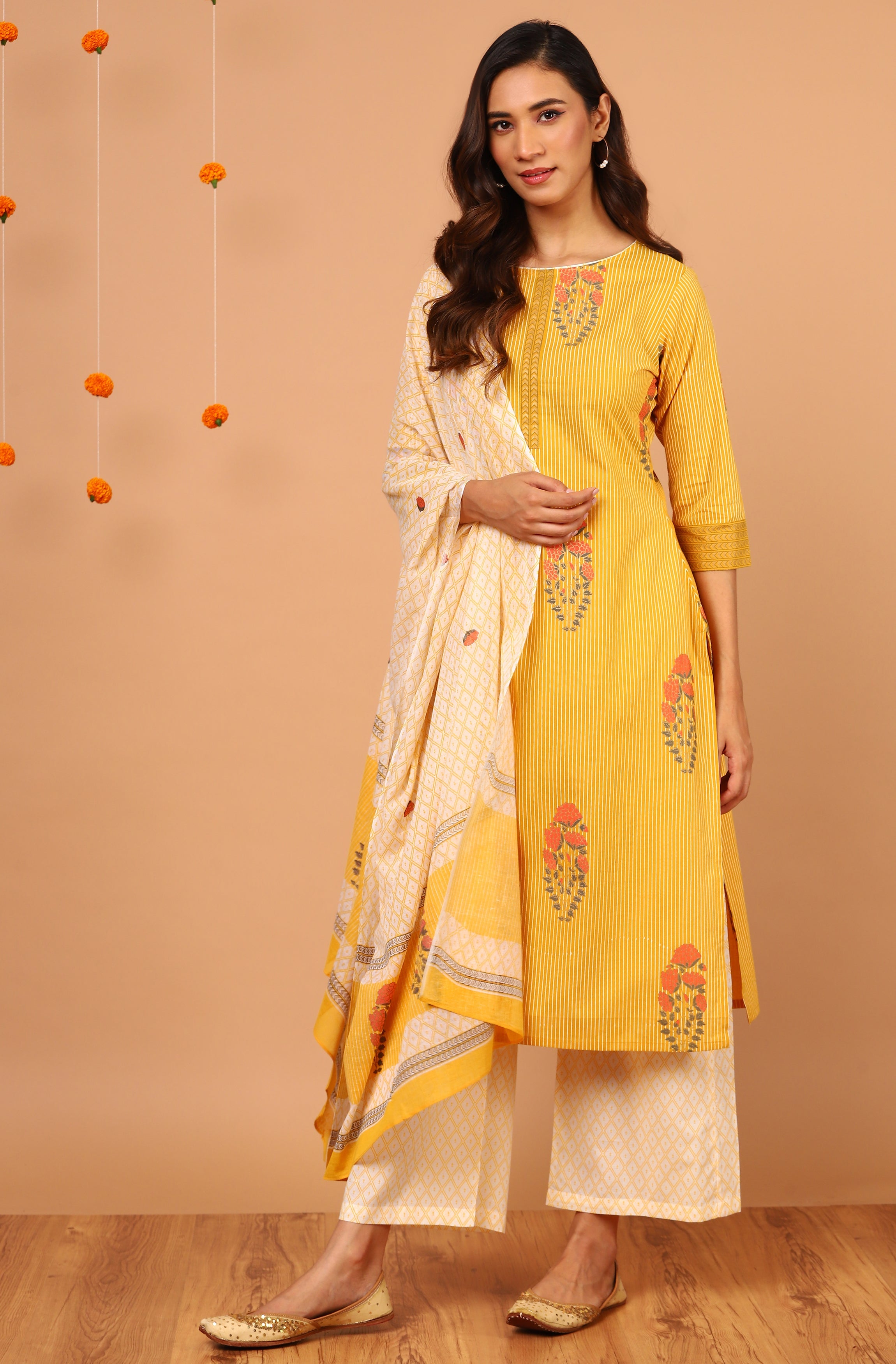 Janasya Women's Yellow Cotton Striped Kurta With Palazzo And Dupatta | Grocsy