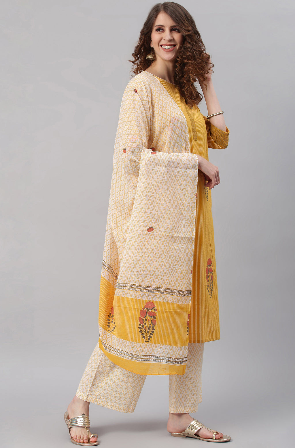 Janasya Women's Yellow Cotton Striped Kurta With Palazzo And Dupatta | Grocsy