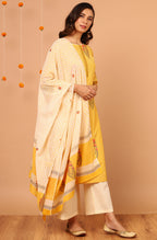 Janasya Women's Yellow Cotton Striped Kurta With Palazzo And Dupatta | Grocsy