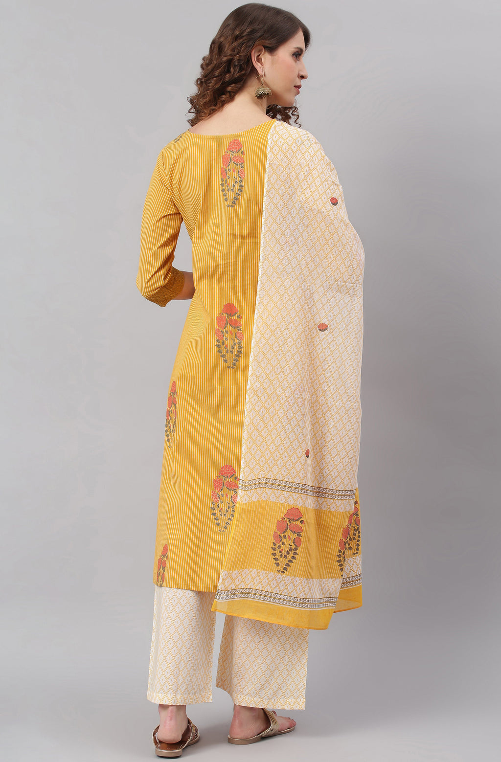 Janasya Women's Yellow Cotton Striped Kurta With Palazzo And Dupatta | Grocsy