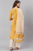 Janasya Women's Yellow Cotton Striped Kurta With Palazzo And Dupatta | Grocsy