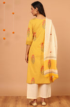 Janasya Women's Yellow Cotton Striped Kurta With Palazzo And Dupatta | Grocsy