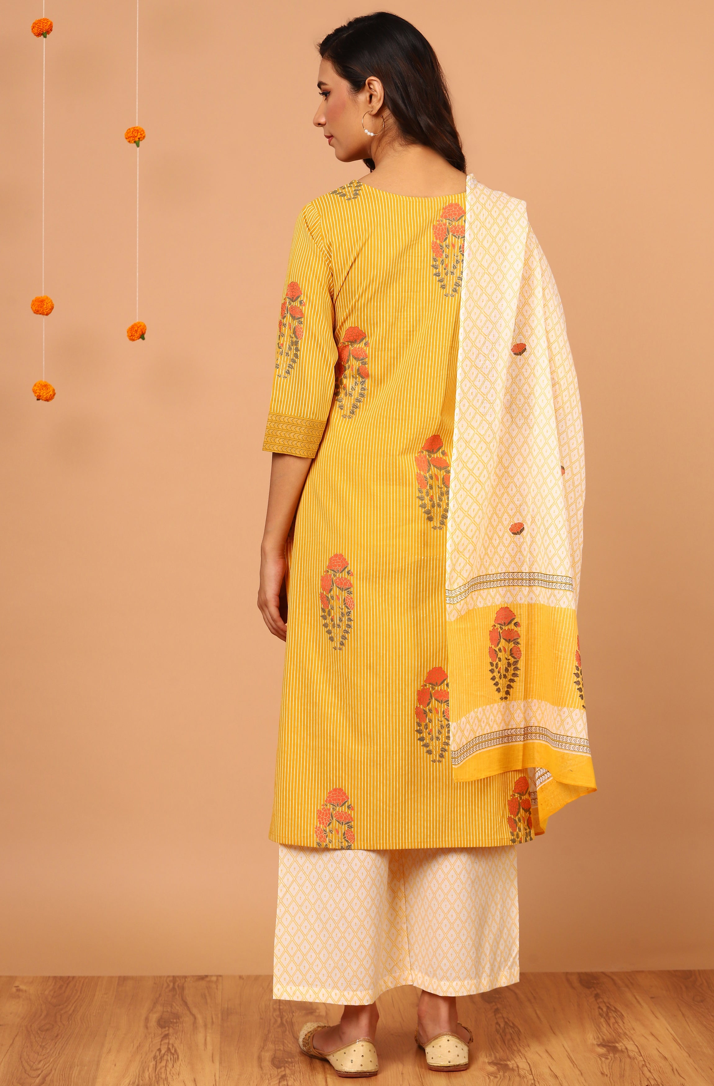 Janasya Women's Yellow Cotton Striped Kurta With Palazzo And Dupatta | Grocsy