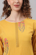 Janasya Women's Yellow Cotton Striped Kurta With Palazzo And Dupatta | Grocsy