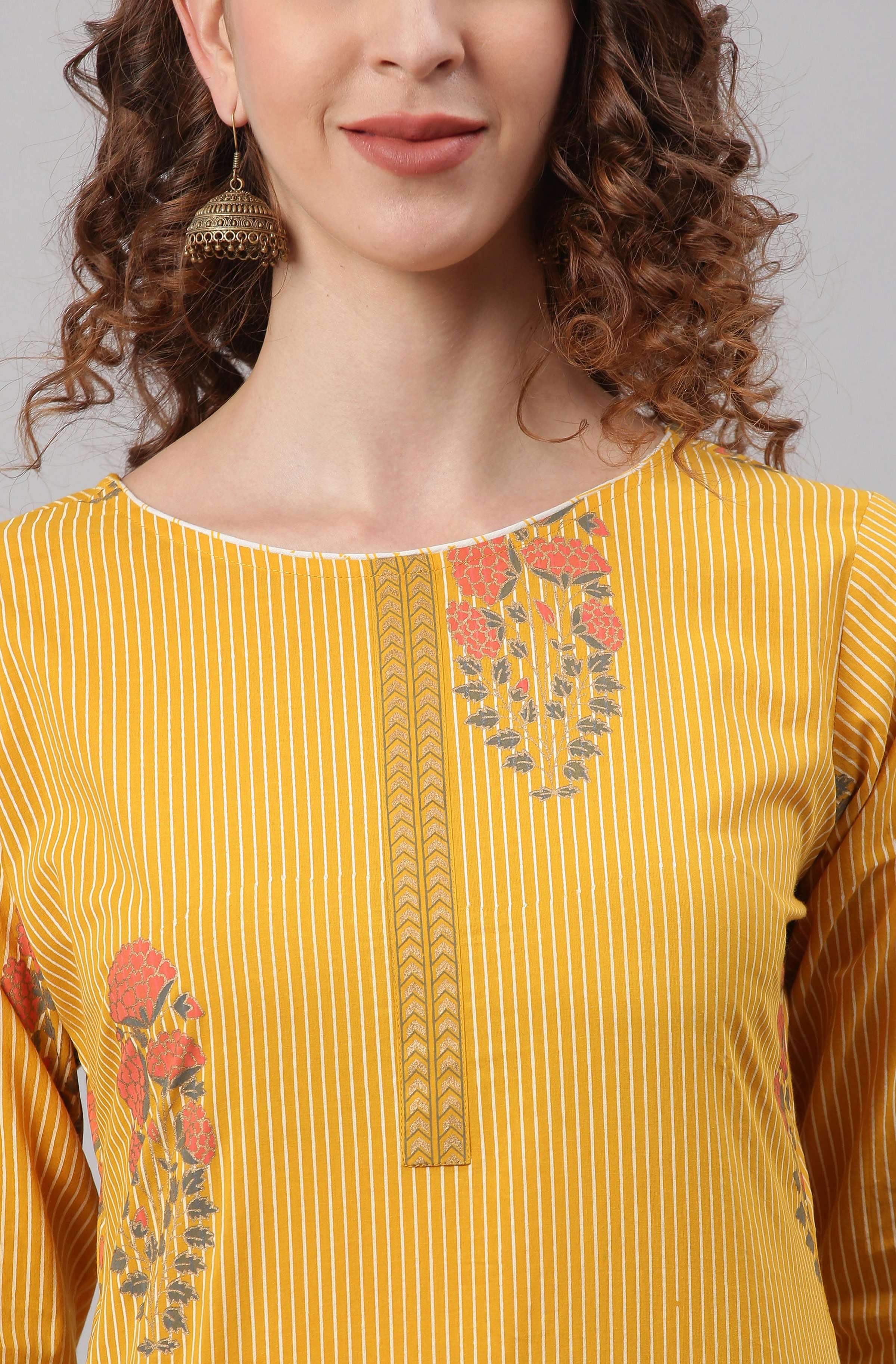 Janasya Women's Yellow Cotton Striped Kurta With Palazzo And Dupatta | Grocsy