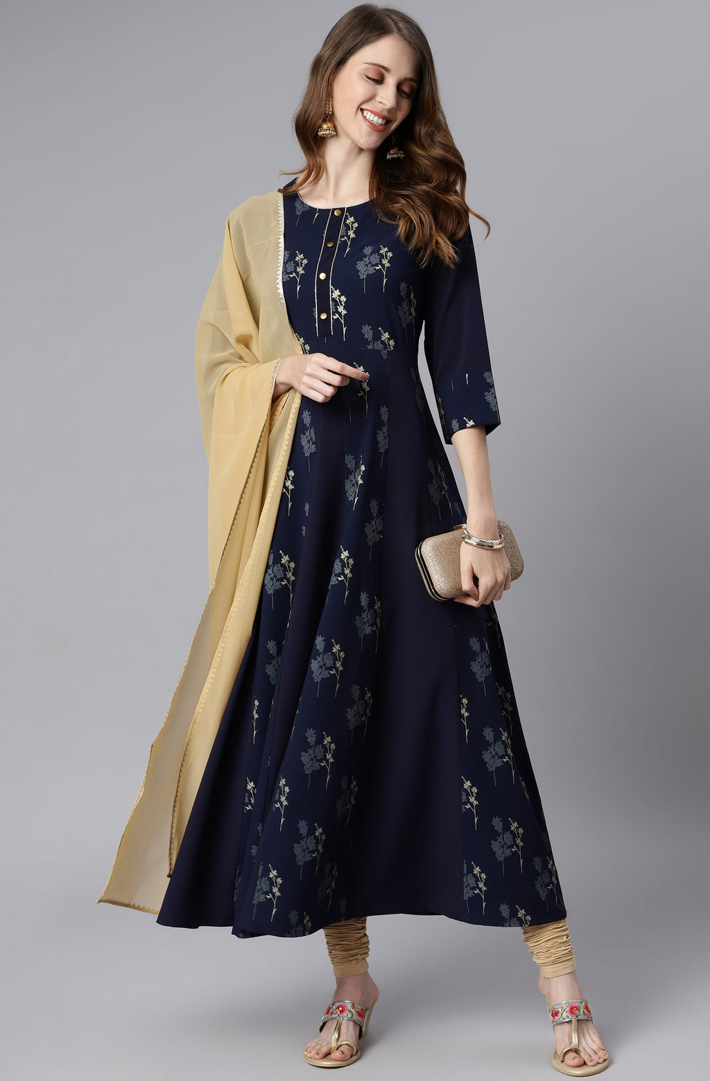 Janasya Women's Navy Blue Poly Crepe Floral Printed Anarkali Casual Kurta Set | Grocsy