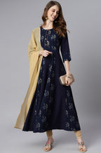 Janasya Women's Navy Blue Poly Crepe Floral Printed Anarkali Casual Kurta Set | Grocsy