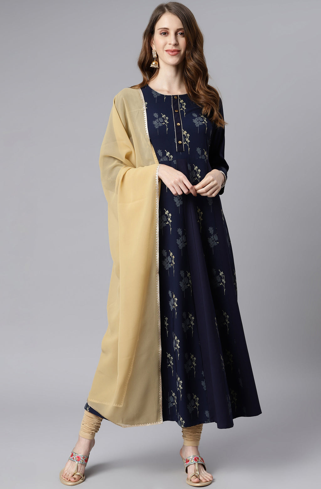 Janasya Women's Navy Blue Poly Crepe Floral Printed Anarkali Casual Kurta Set | Grocsy