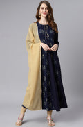 Janasya Women's Navy Blue Poly Crepe Floral Printed Anarkali Casual Kurta Set | Grocsy