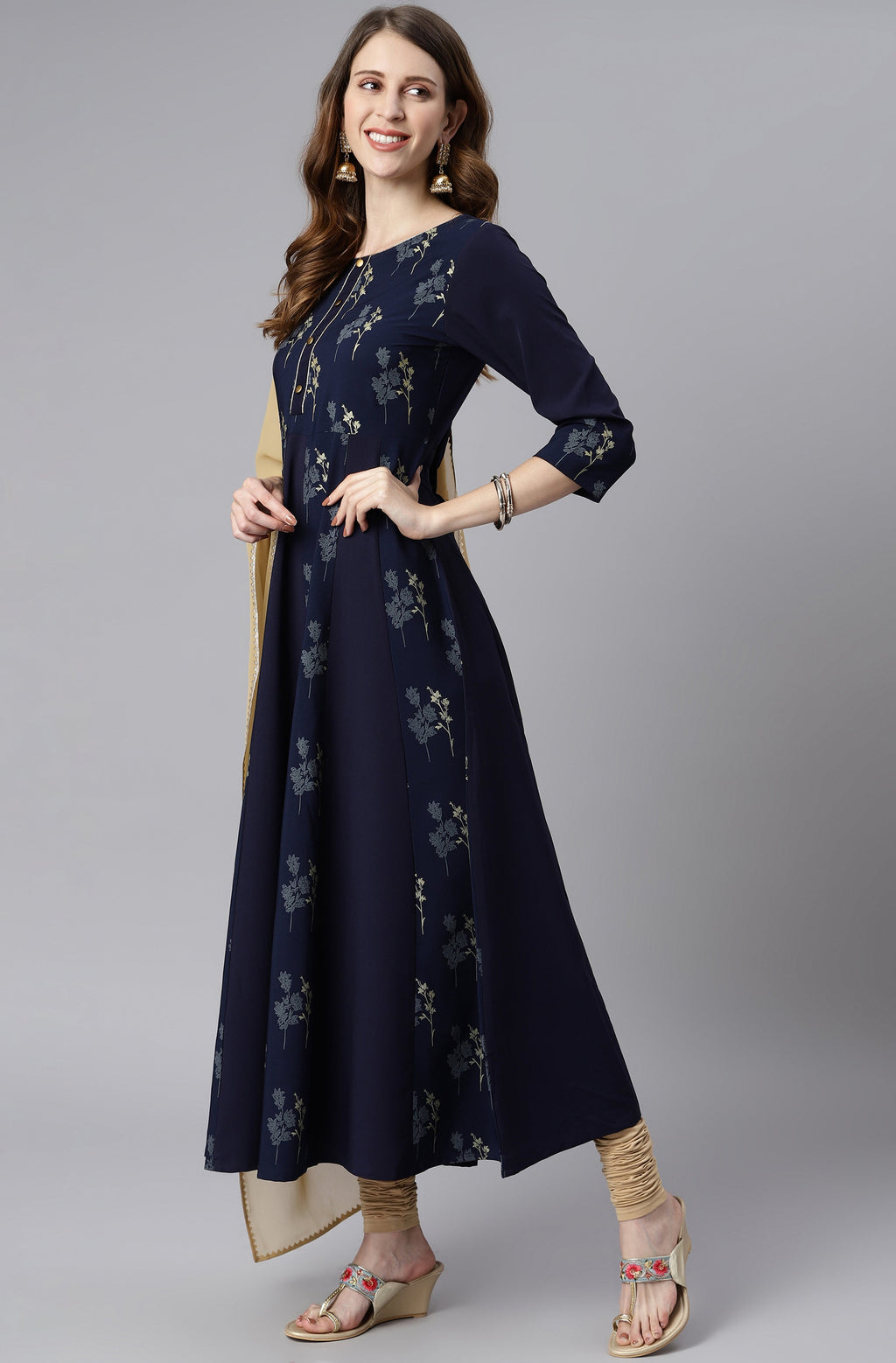 Janasya Women's Navy Blue Poly Crepe Floral Printed Anarkali Casual Kurta Set | Grocsy