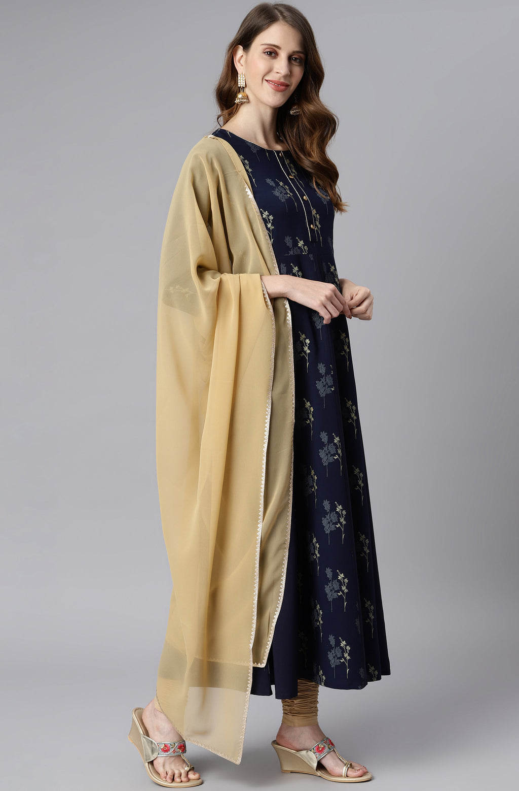 Janasya Women's Navy Blue Poly Crepe Floral Printed Anarkali Casual Kurta Set | Grocsy