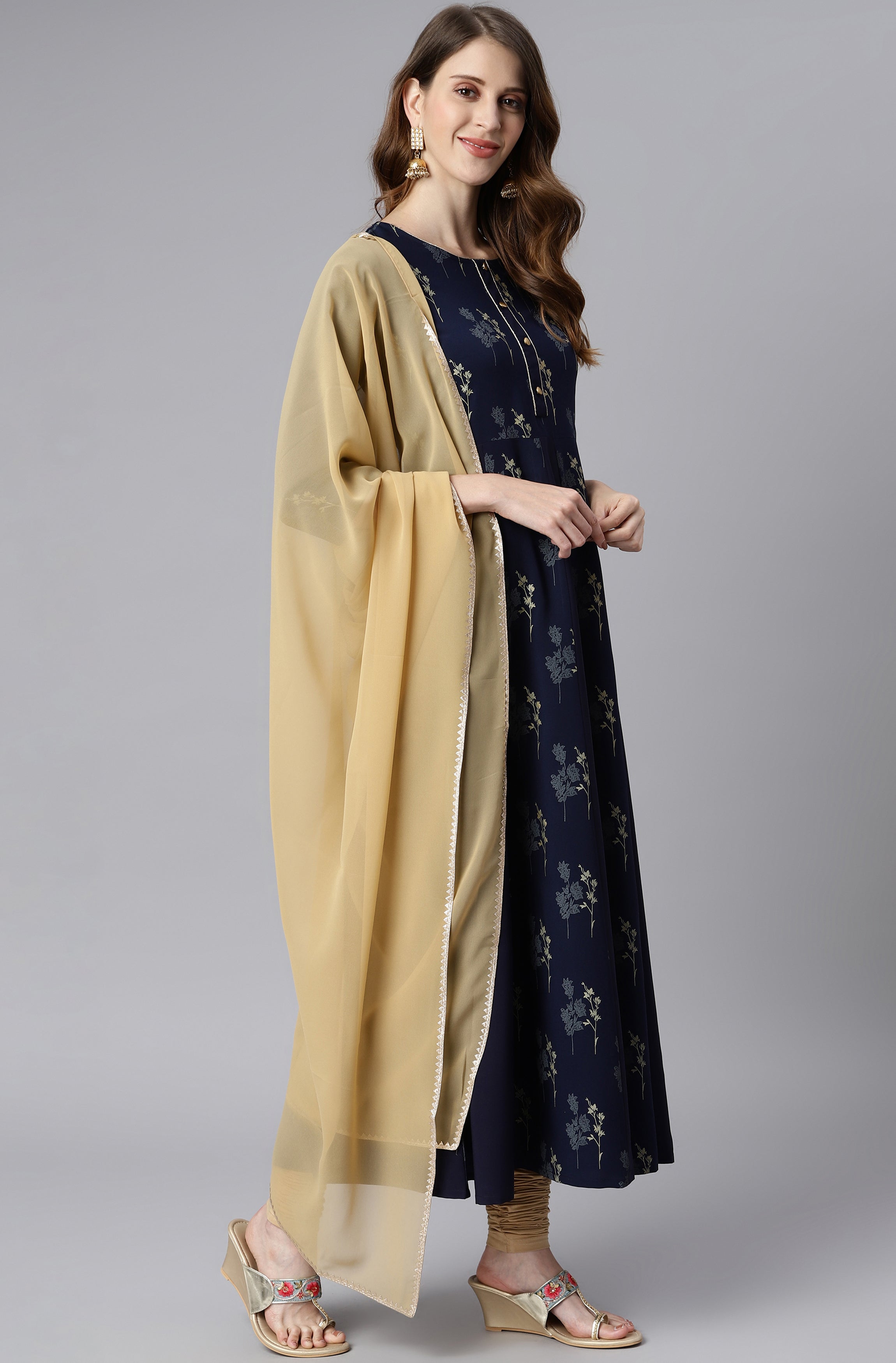 Janasya Women's Navy Blue Poly Crepe Floral Printed Anarkali Casual Kurta Set | Grocsy