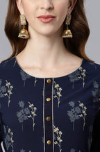 Janasya Women's Navy Blue Poly Crepe Floral Printed Anarkali Casual Kurta Set | Grocsy