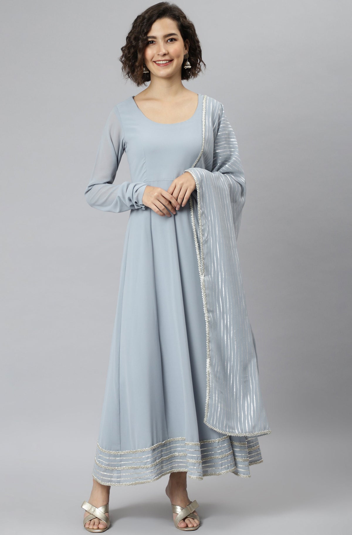 Janasya Women's Grey Poly Georgette Solid Kurta With Dupatta | Grocsy
