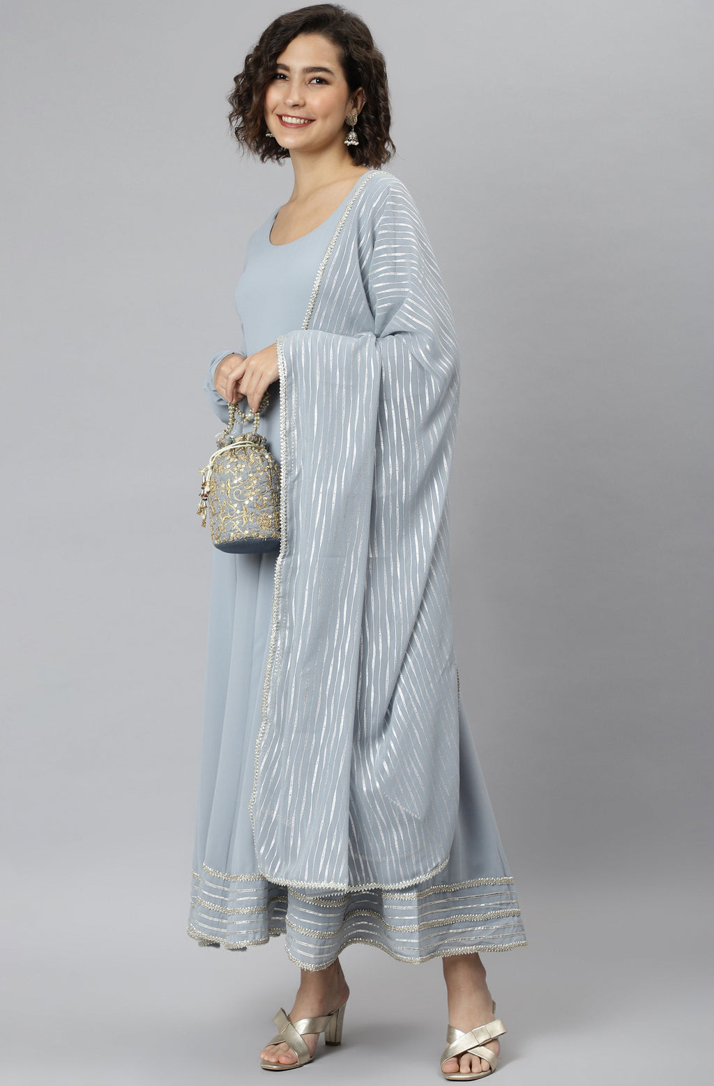 Janasya Women's Grey Poly Georgette Solid Kurta With Dupatta | Grocsy