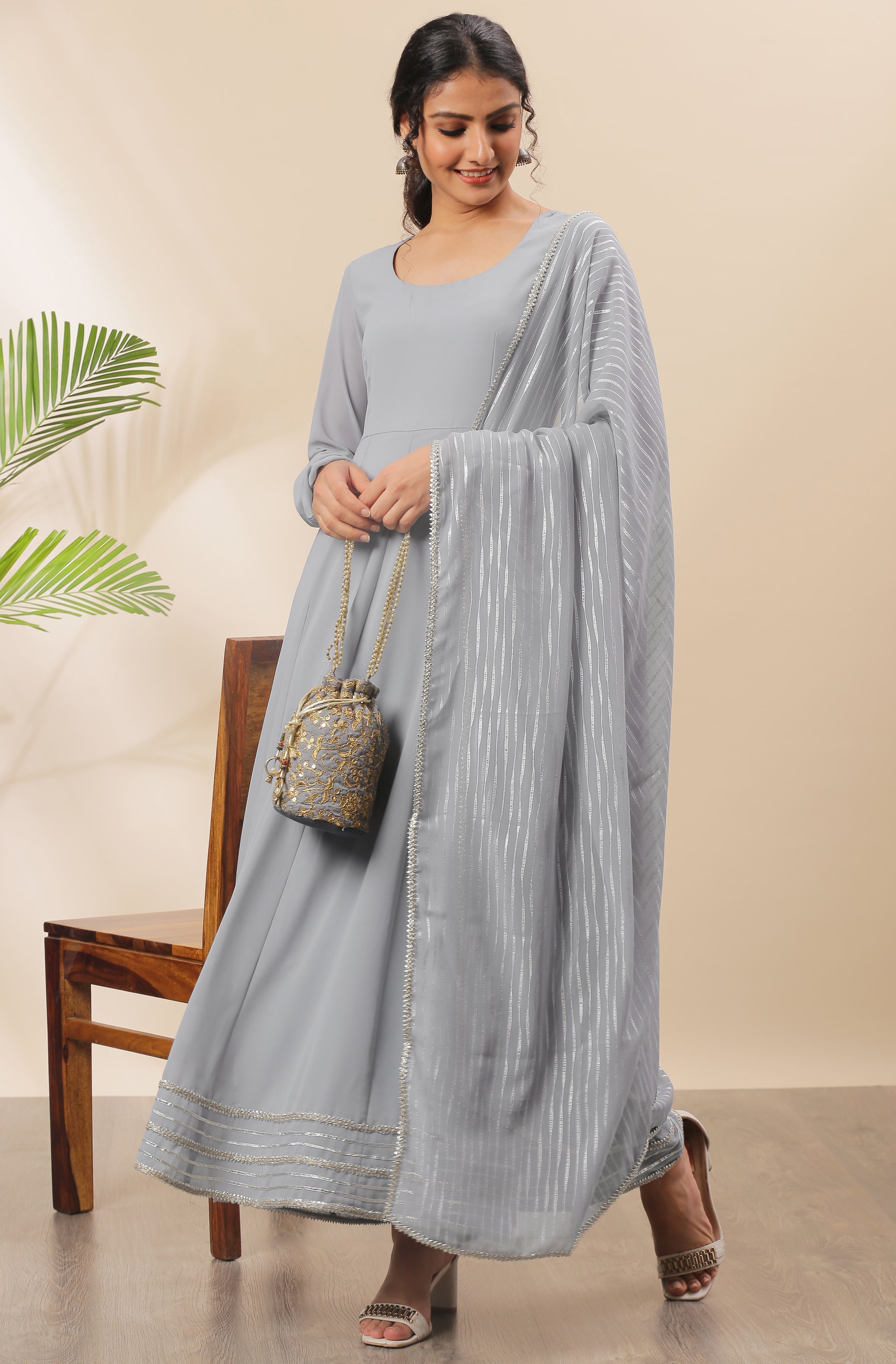 Janasya Women's Grey Poly Georgette Solid Kurta With Dupatta | Grocsy