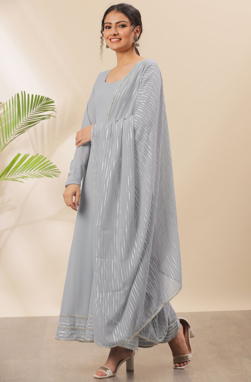 Janasya Women's Grey Poly Georgette Solid Kurta With Dupatta | Grocsy