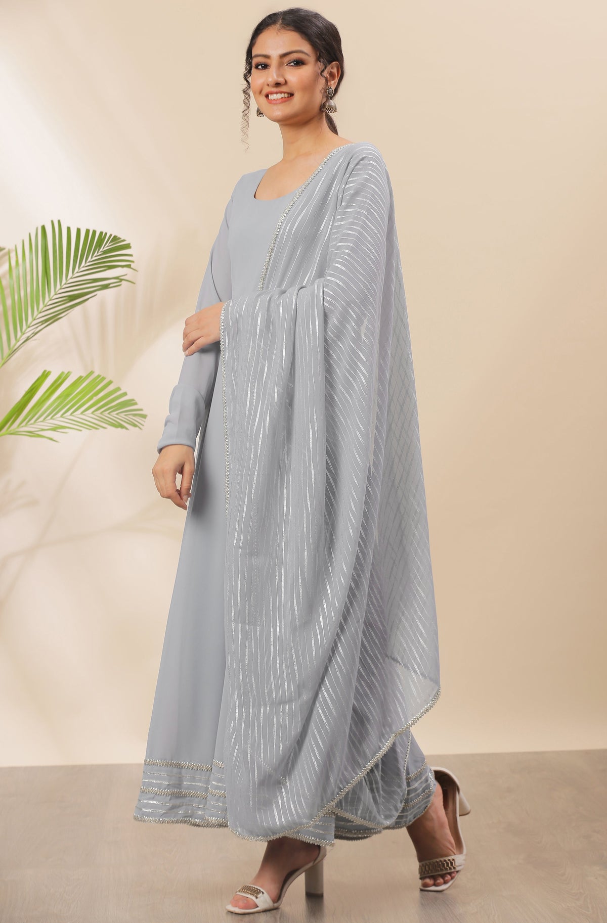 Janasya Women's Grey Poly Georgette Solid Kurta With Dupatta | Grocsy