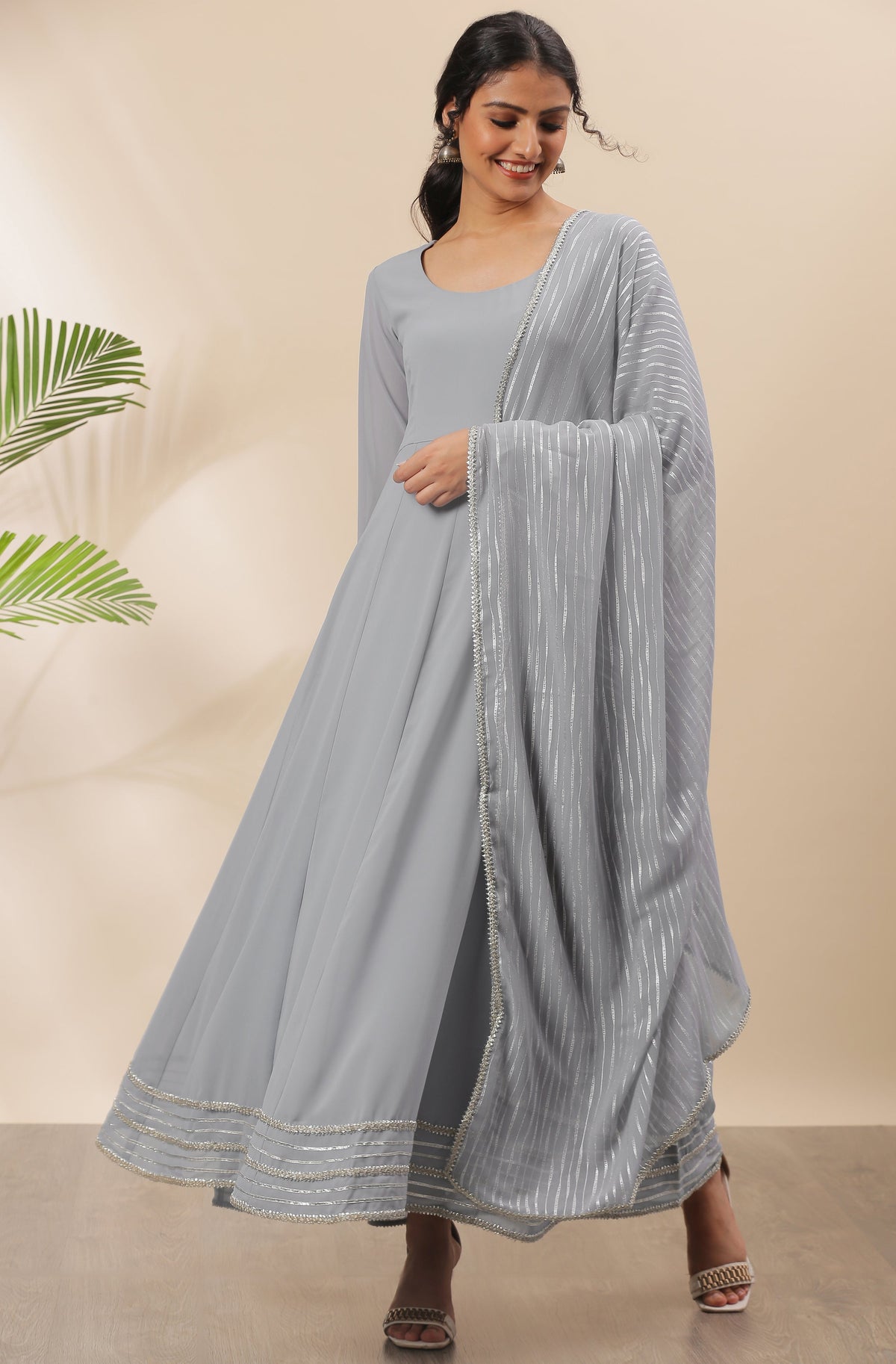 Janasya Women's Grey Poly Georgette Solid Kurta With Dupatta | Grocsy
