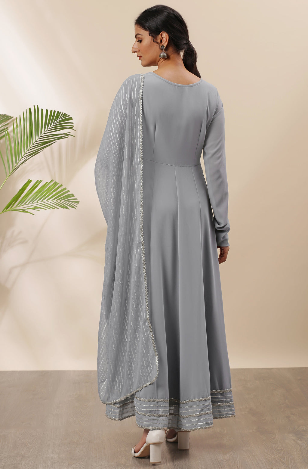 Janasya Women's Grey Poly Georgette Solid Kurta With Dupatta | Grocsy