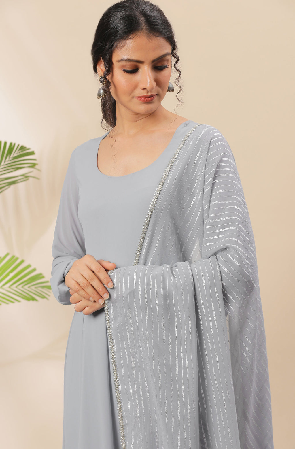 Janasya Women's Grey Poly Georgette Solid Kurta With Dupatta | Grocsy