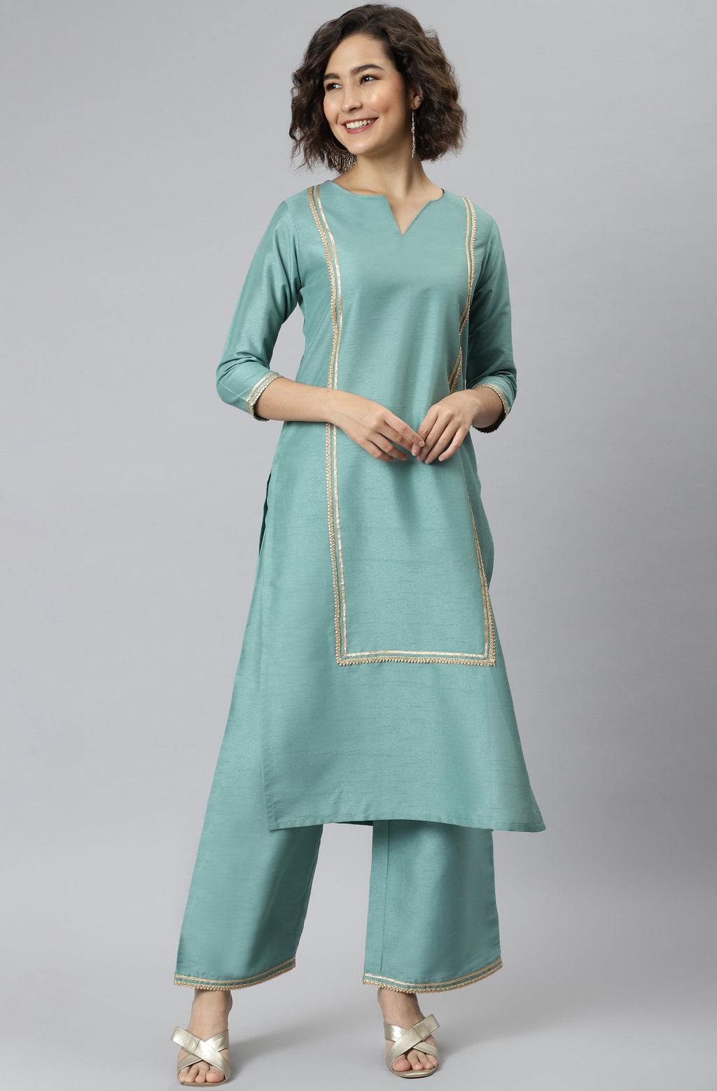 Janasya Women's Green Poly Silk Solid Straight Festive Kurta Set | Grocsy