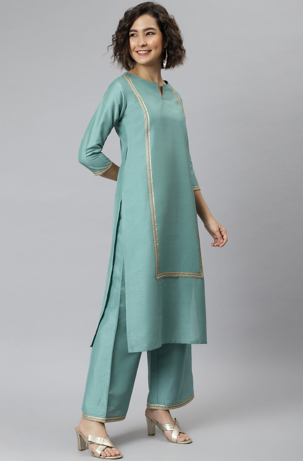 Janasya Women's Green Poly Silk Solid Straight Festive Kurta Set | Grocsy