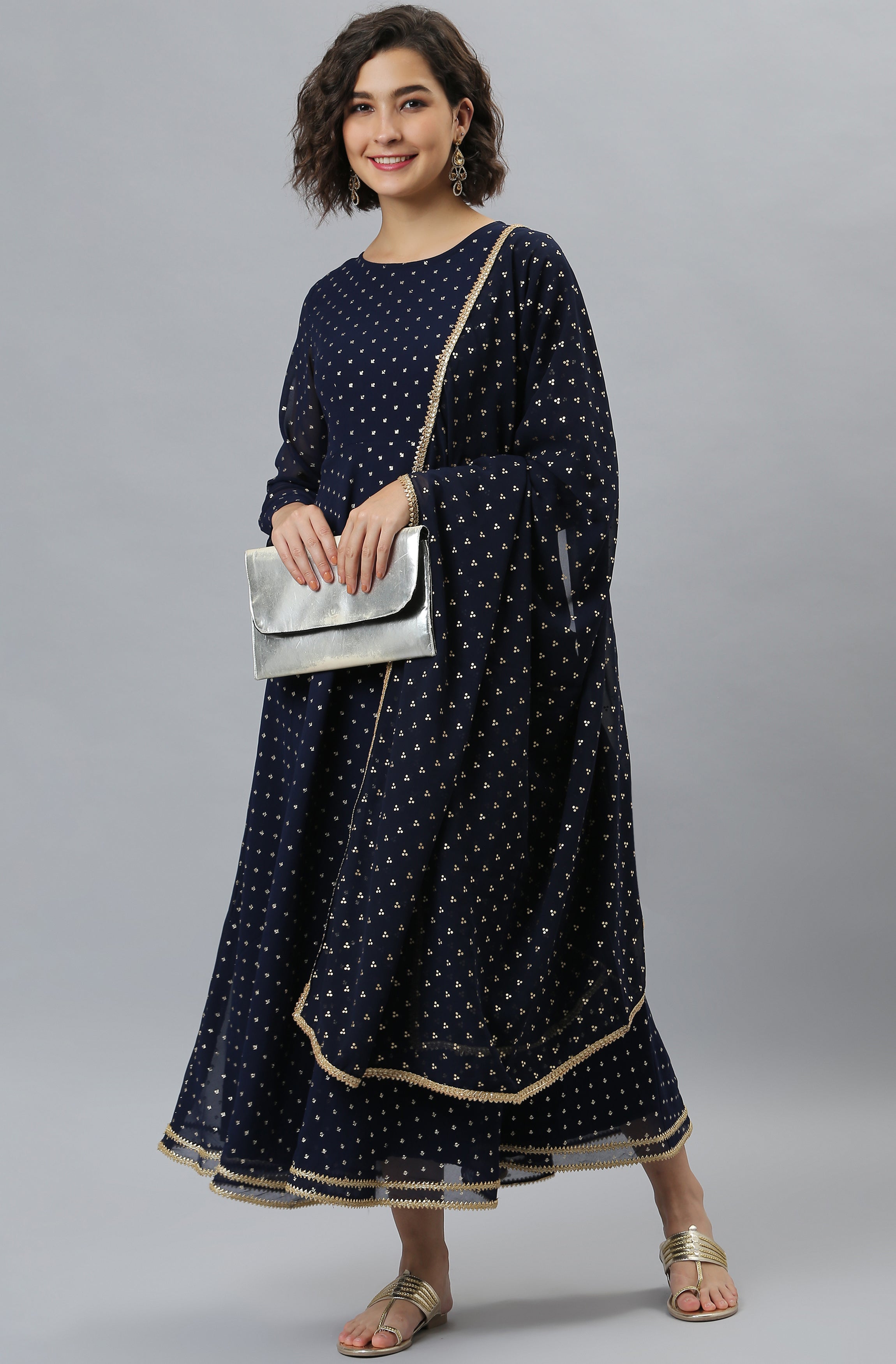 Janasya Women's Navy Blue Poly Georgette Foil Print Kurta With Dupatta | Grocsy