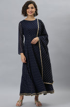 Janasya Women's Navy Blue Poly Georgette Foil Print Kurta With Dupatta | Grocsy