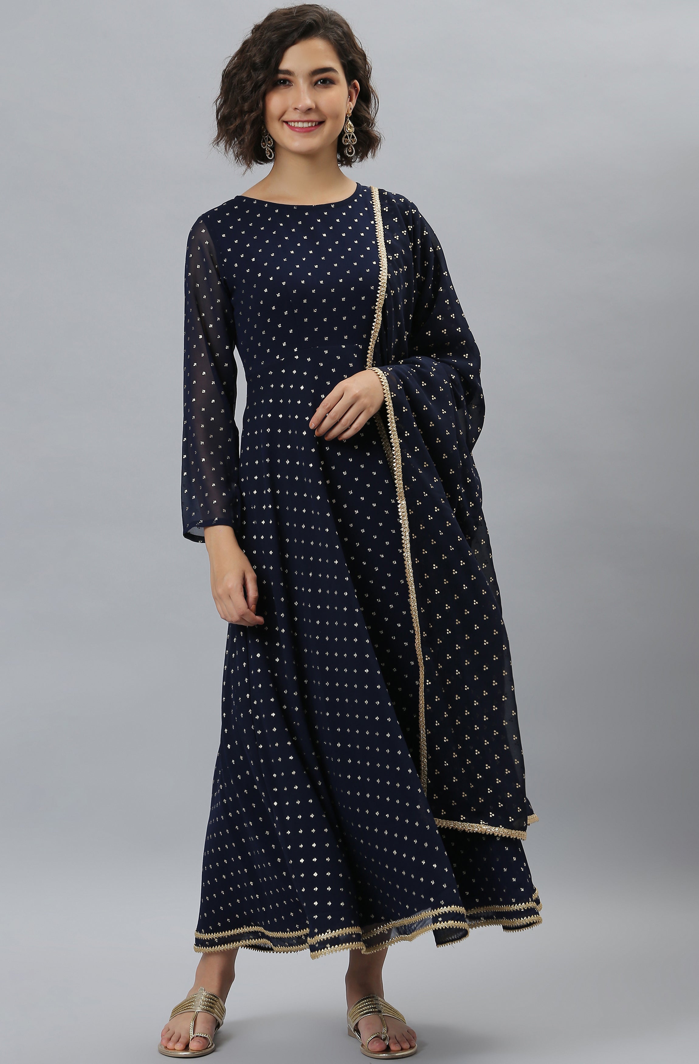 Janasya Women's Navy Blue Poly Georgette Foil Print Kurta With Dupatta | Grocsy