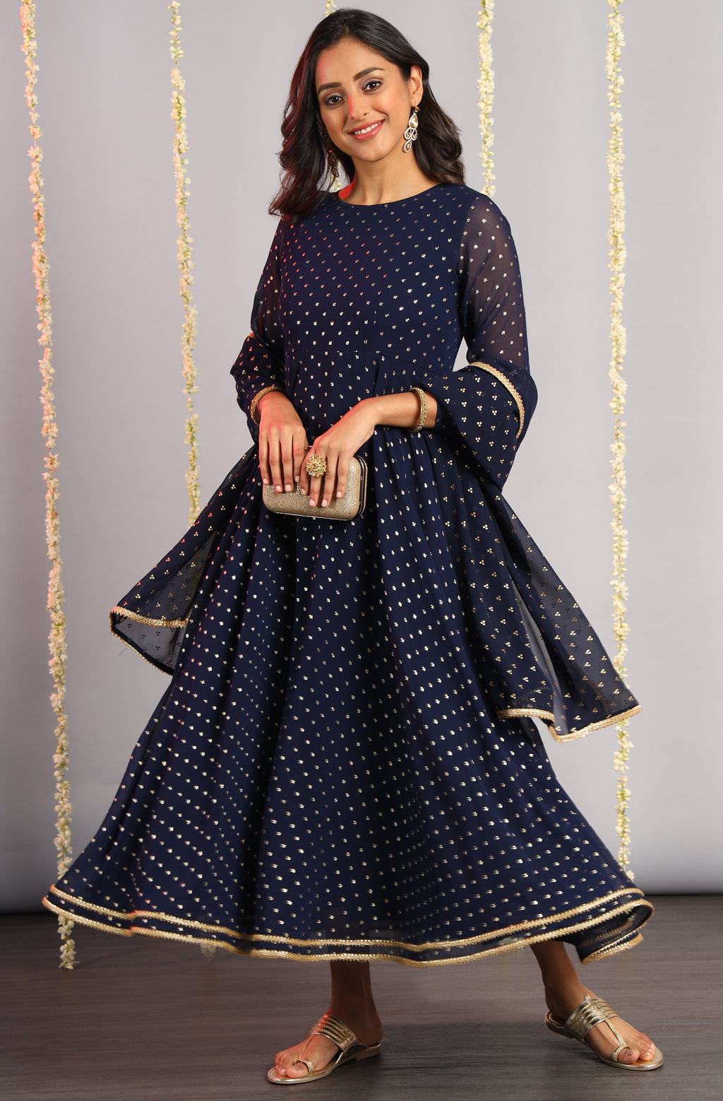 Janasya Women's Navy Blue Poly Georgette Foil Print Kurta With Dupatta | Grocsy