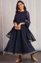 Janasya Women's Navy Blue Poly Georgette Foil Print Kurta With Dupatta | Grocsy