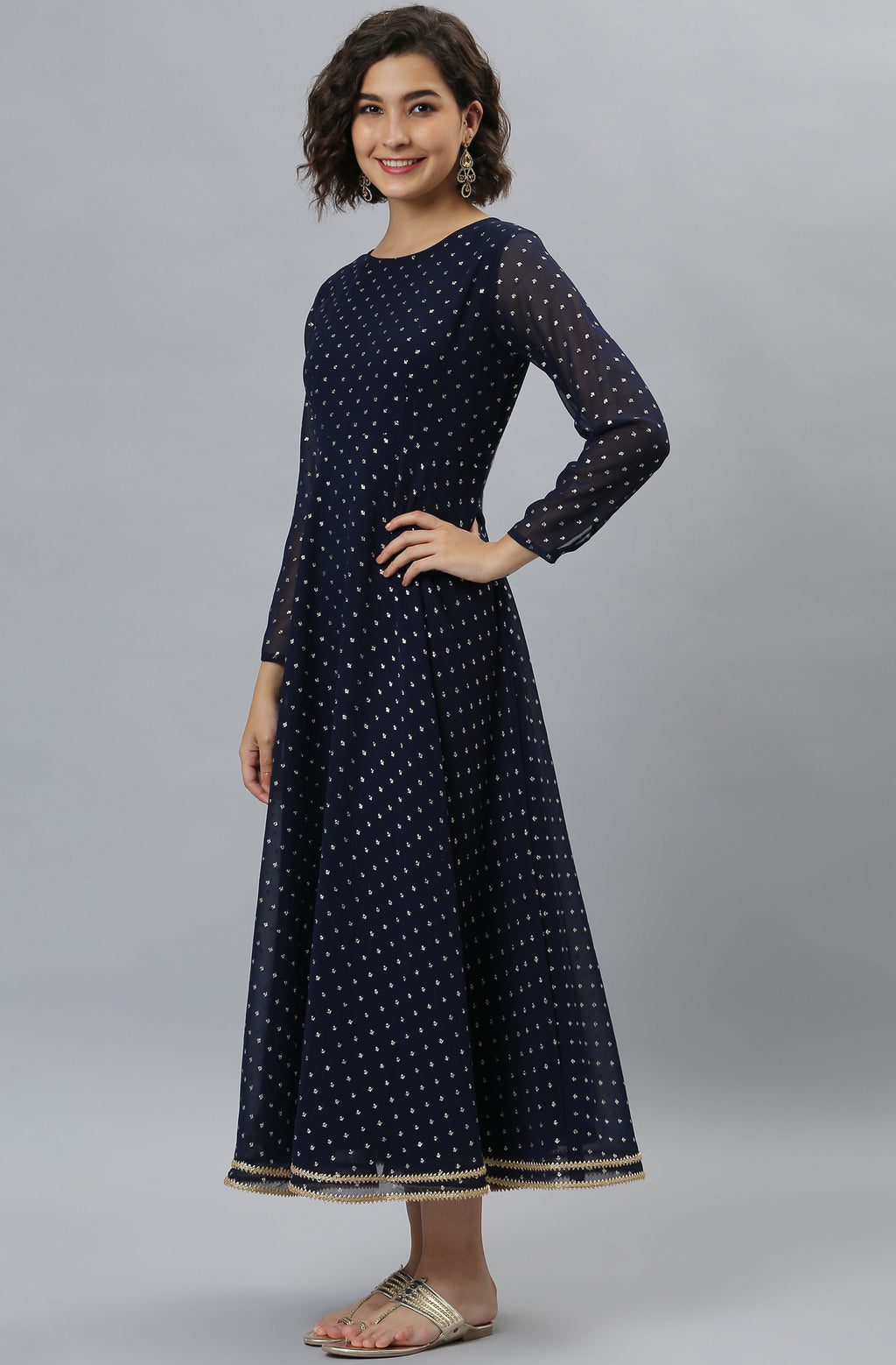 Janasya Women's Navy Blue Poly Georgette Foil Print Kurta With Dupatta | Grocsy