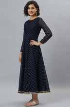 Janasya Women's Navy Blue Poly Georgette Foil Print Kurta With Dupatta | Grocsy