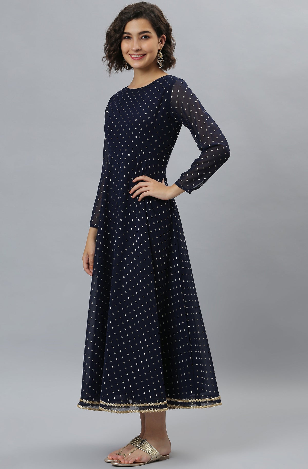 Janasya Women's Navy Blue Poly Georgette Foil Print Kurta With Dupatta | Grocsy
