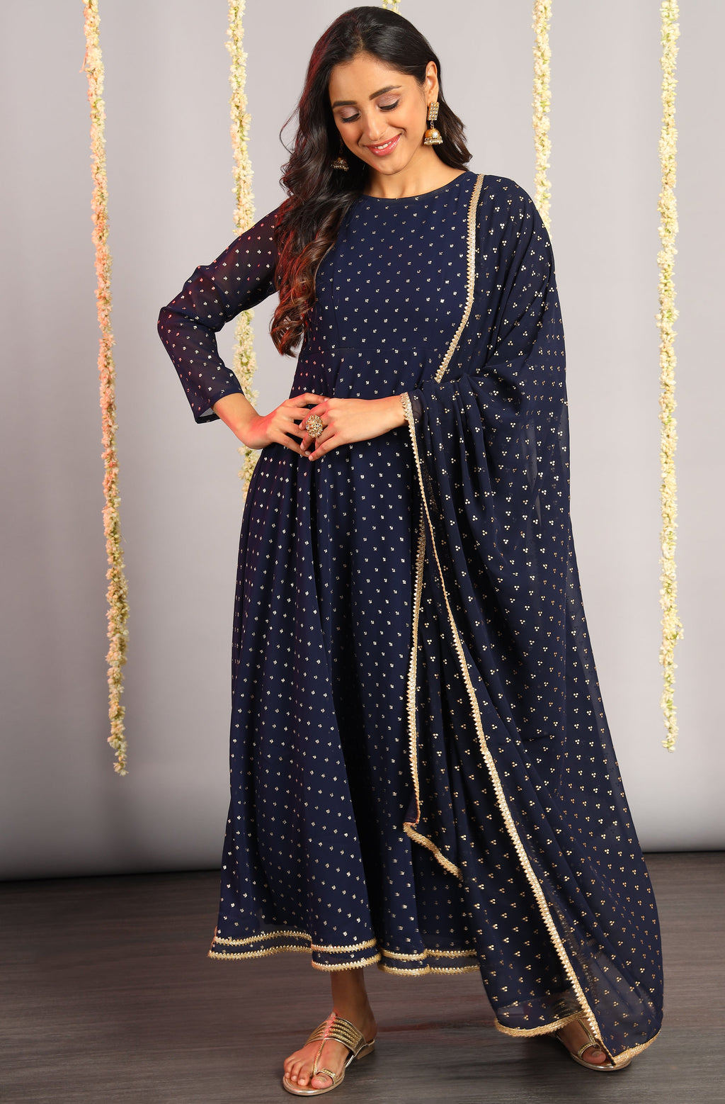 Janasya Women's Navy Blue Poly Georgette Foil Print Kurta With Dupatta | Grocsy