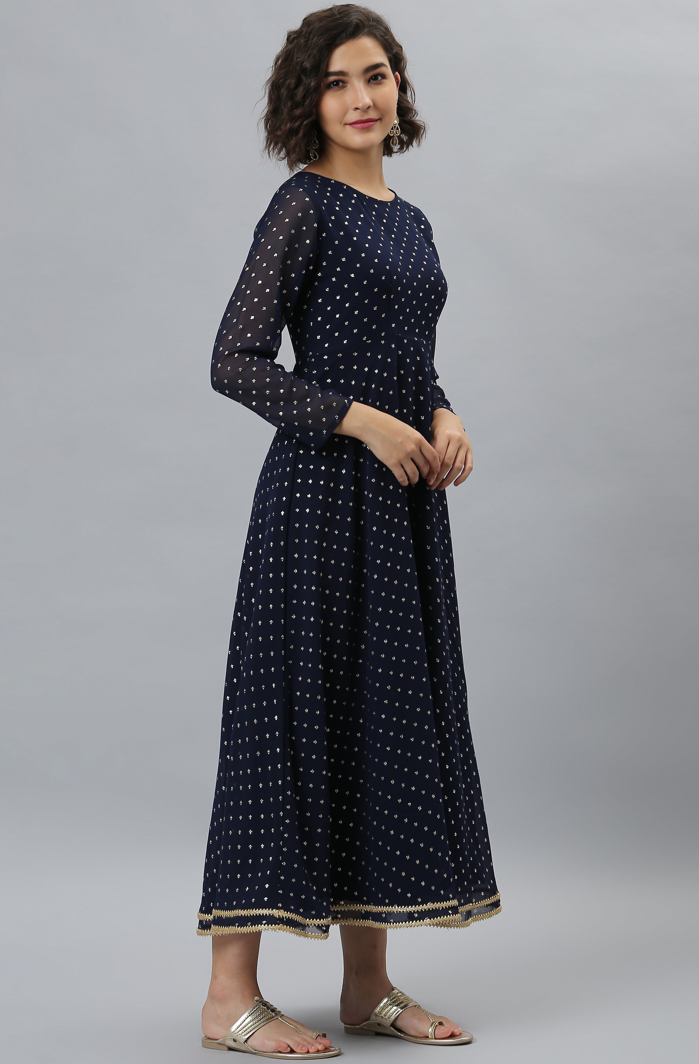 Janasya Women's Navy Blue Poly Georgette Foil Print Kurta With Dupatta | Grocsy